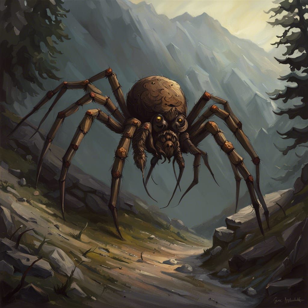 Giant Mythical Spider on Mountainside in Horror Style