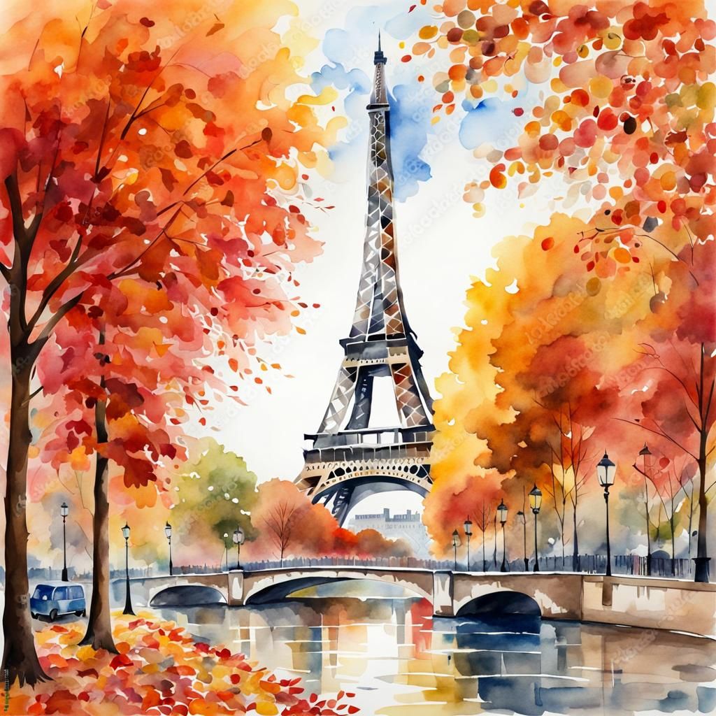 Watercolor painting of the Eiffel Tower over Seine River in Paris