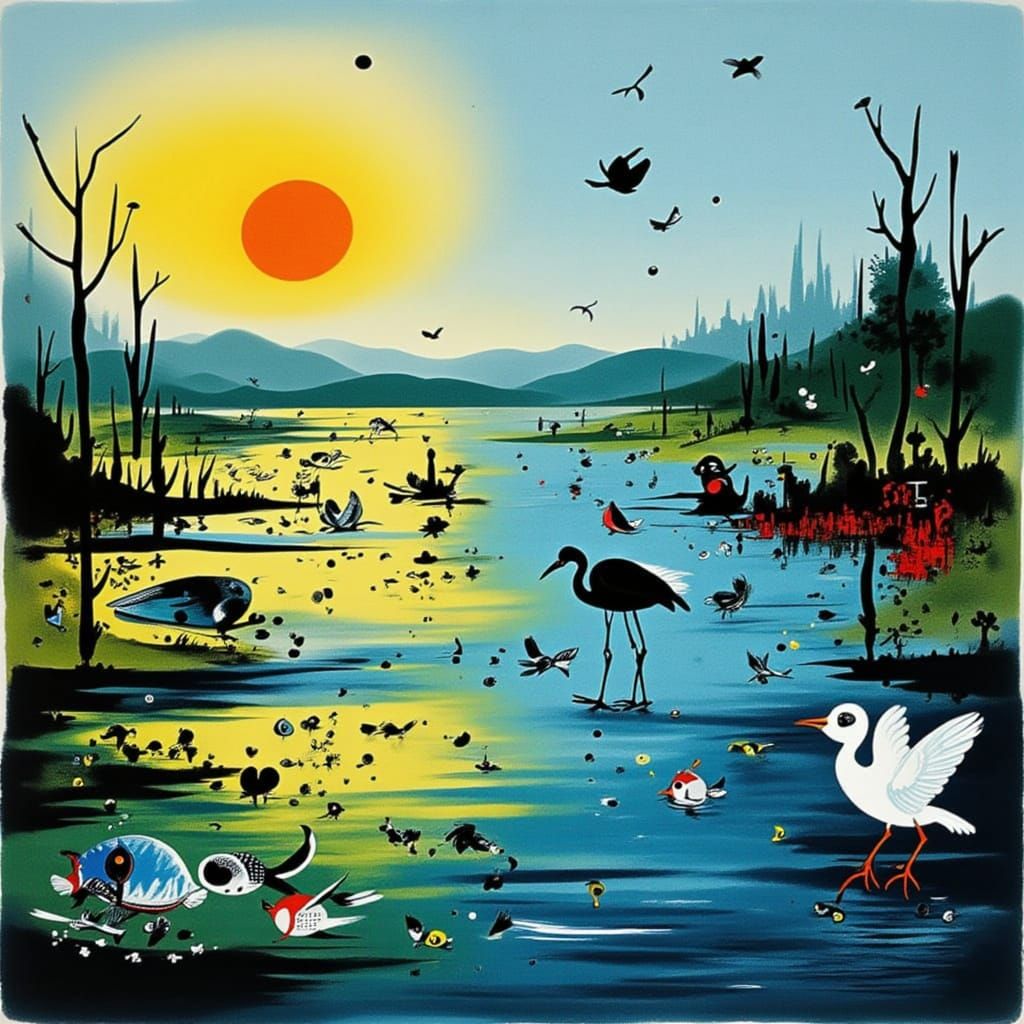 Contrasting Wetlands: Thriving vs. Polluted in Stylized Art