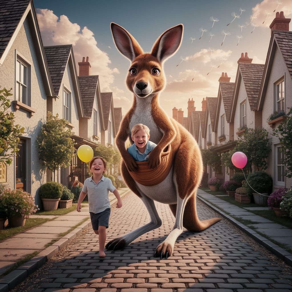 Magical Kangaroo in Quaint Village: Matte Painting