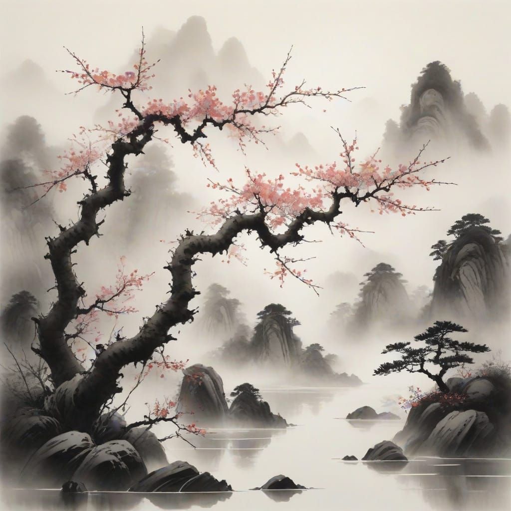 Gnarled Tree Branch Adorned with Delicate Flower Wreath in J...