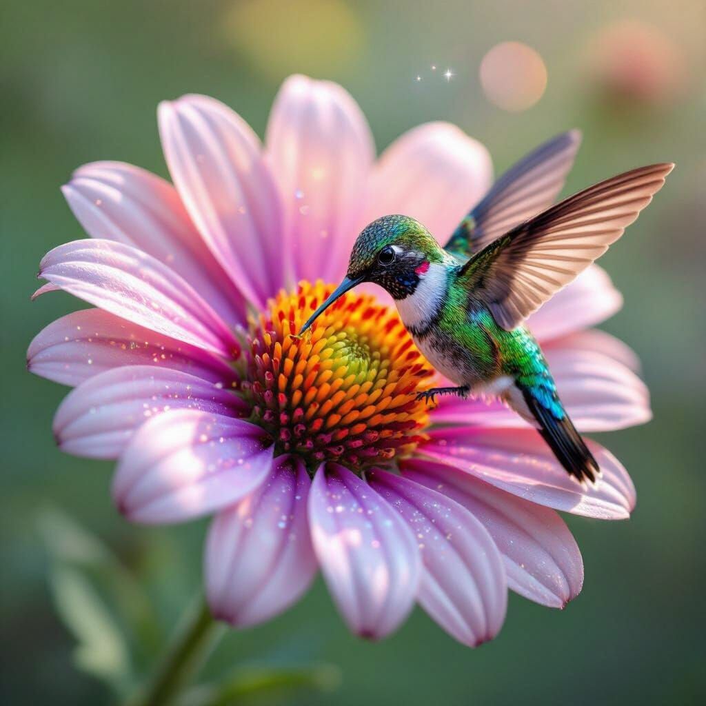 Hummingbird Sipping Nectar From a Galaxy Flower