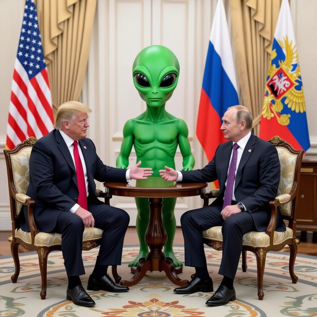 Trump, Putin, and Alien Ambassador in Gouache Painting