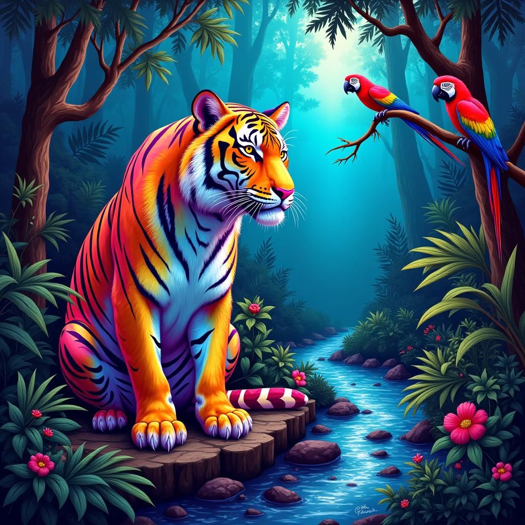 Rainbow Neon Tiger in Tropical Jungle, Digital Art