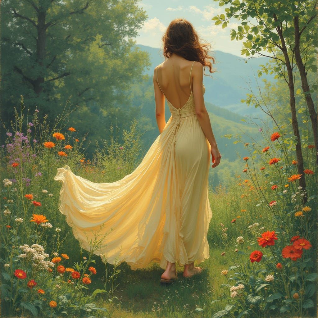Woman in Flowing Dress: Art Nouveau Impressionism