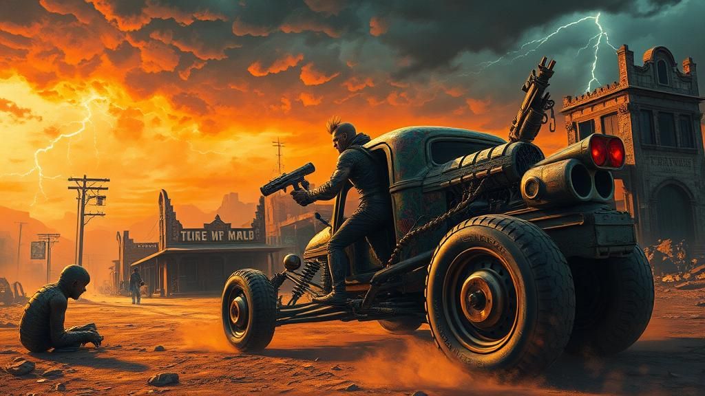 Post-Apocalyptic Warrior in Gothic Town with Cyberpunk Hot R...