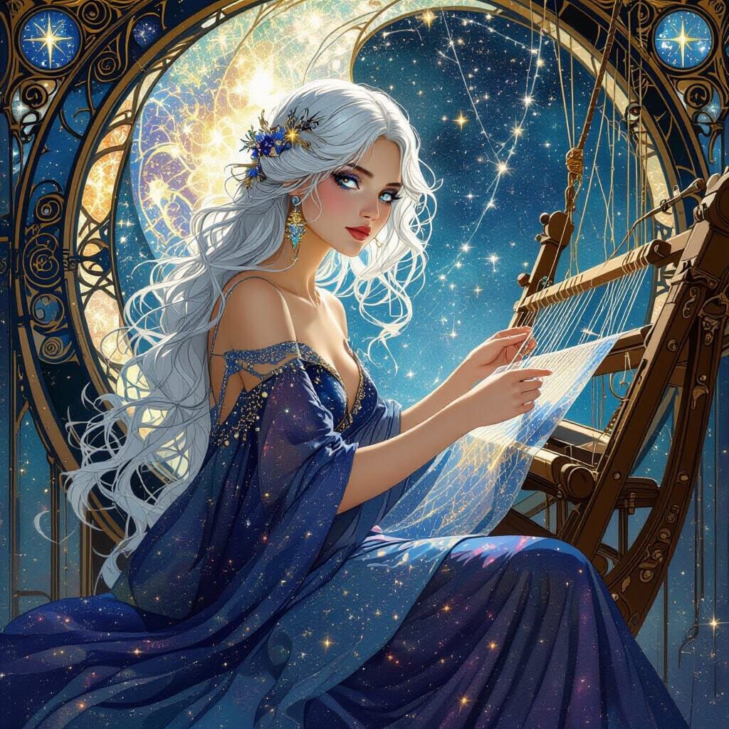Celestial Seamstress Weaving Nebula Gowns in Art Nouveau