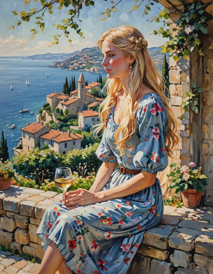 Woman with Wine: An Impressionist Italian Seascape