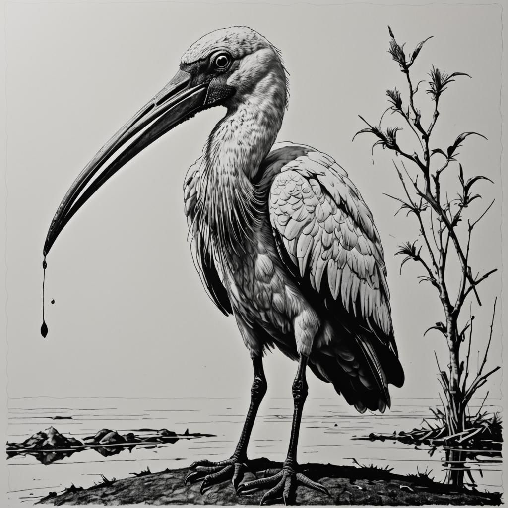 Psychedelic Ibis Bird Monochromatic Ink Drawing