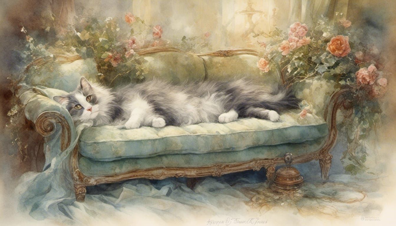 Watercolor Cat Portrait on Sofa in Fantasy Style
