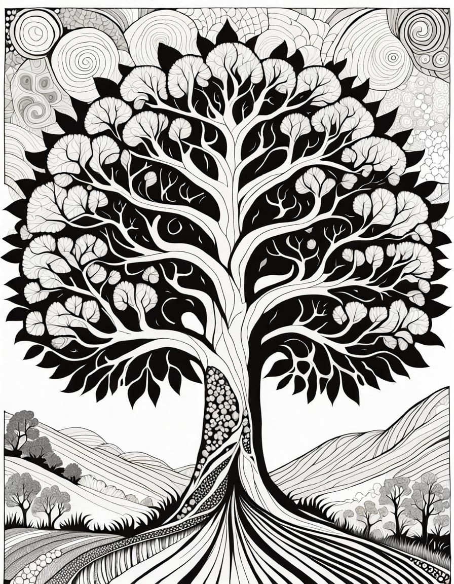 Zentangle Fantasy Oak Tree in Black and White
