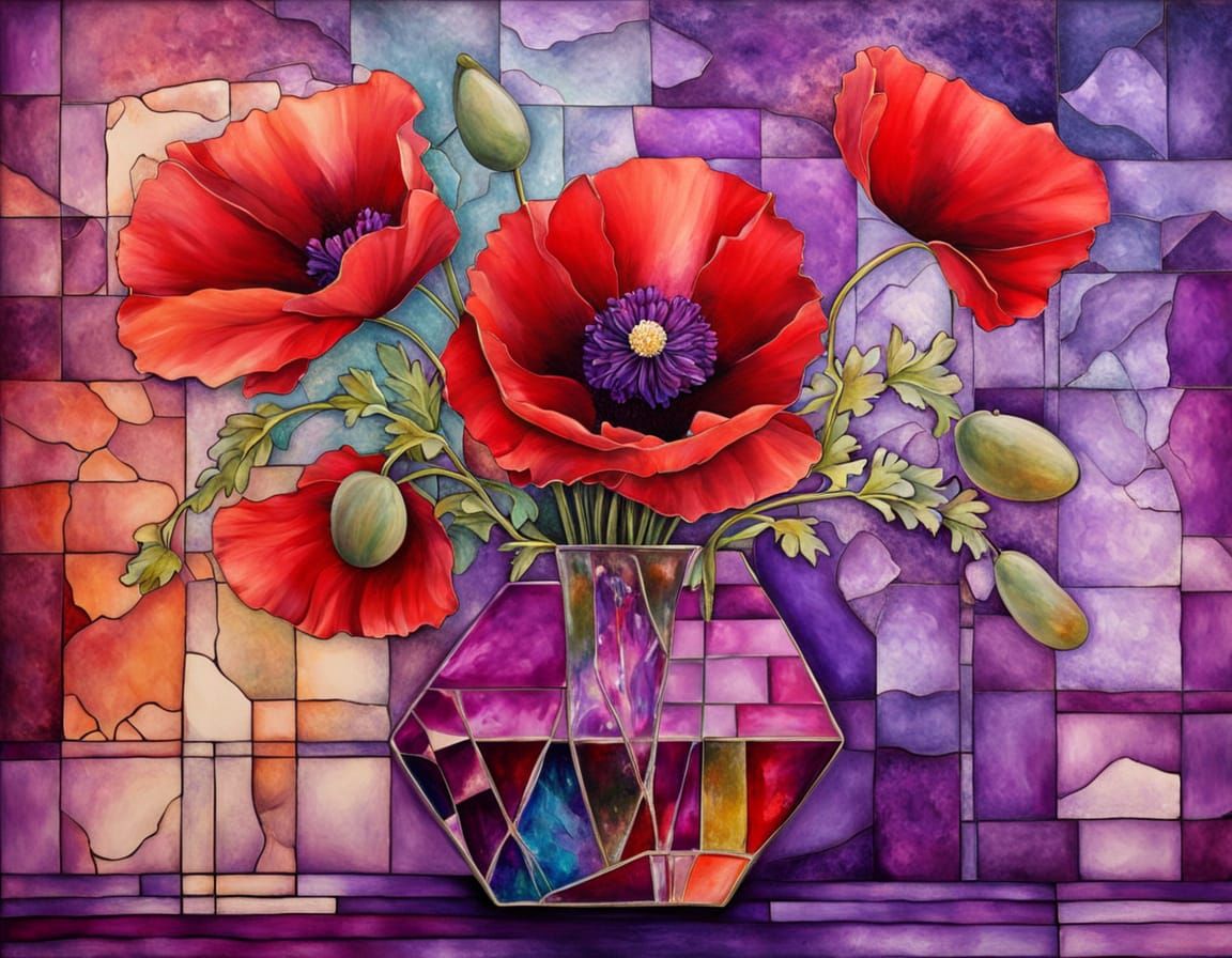 Poppy and Clematis in Crystal Vase with Painted Wall