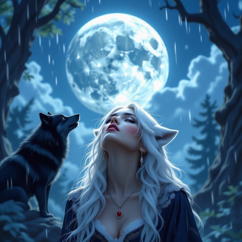 Werewolf Howling at Silver Moon in Rain