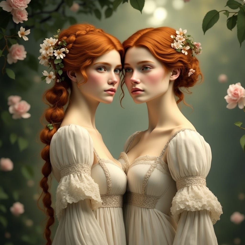 Elegant Regency Ladies Amidst Whimsical Foliage