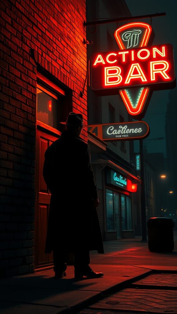 Mysterious Figure Watches Action Bar Under Neon Glow