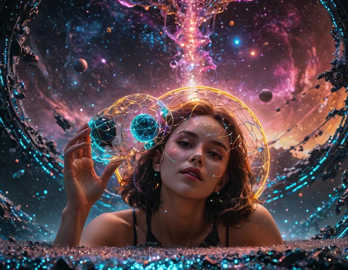 Geometric Neon Alien Portal with Robotic Woman