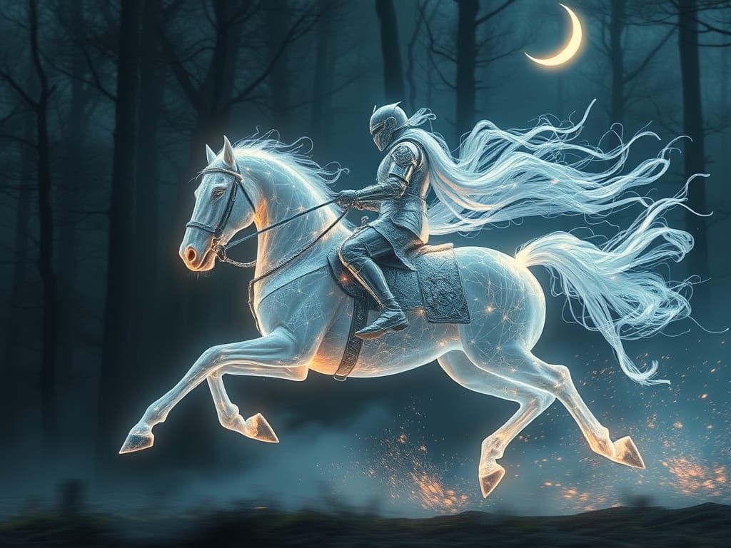 Ethereal Knight Rides Rainbow Energy Horse