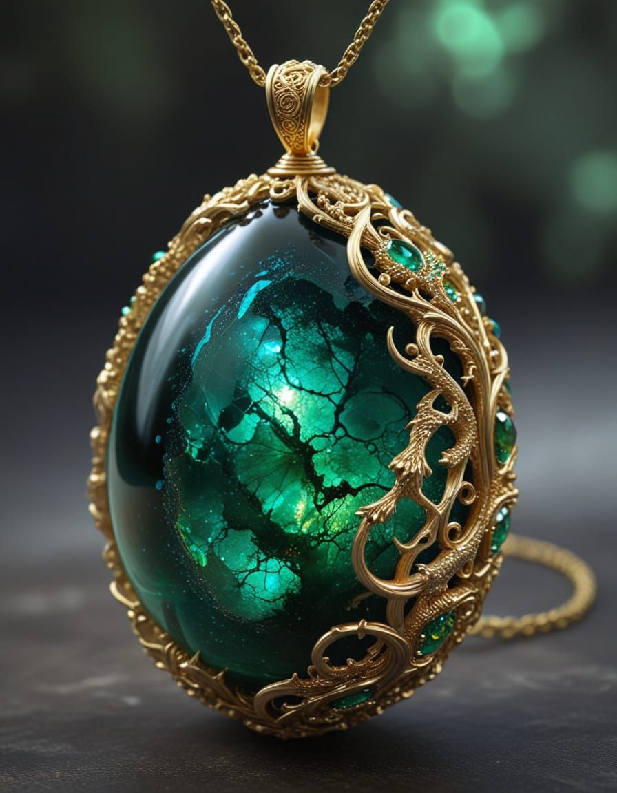 Ethereal Emerald Dragon Egg Filigree Necklace