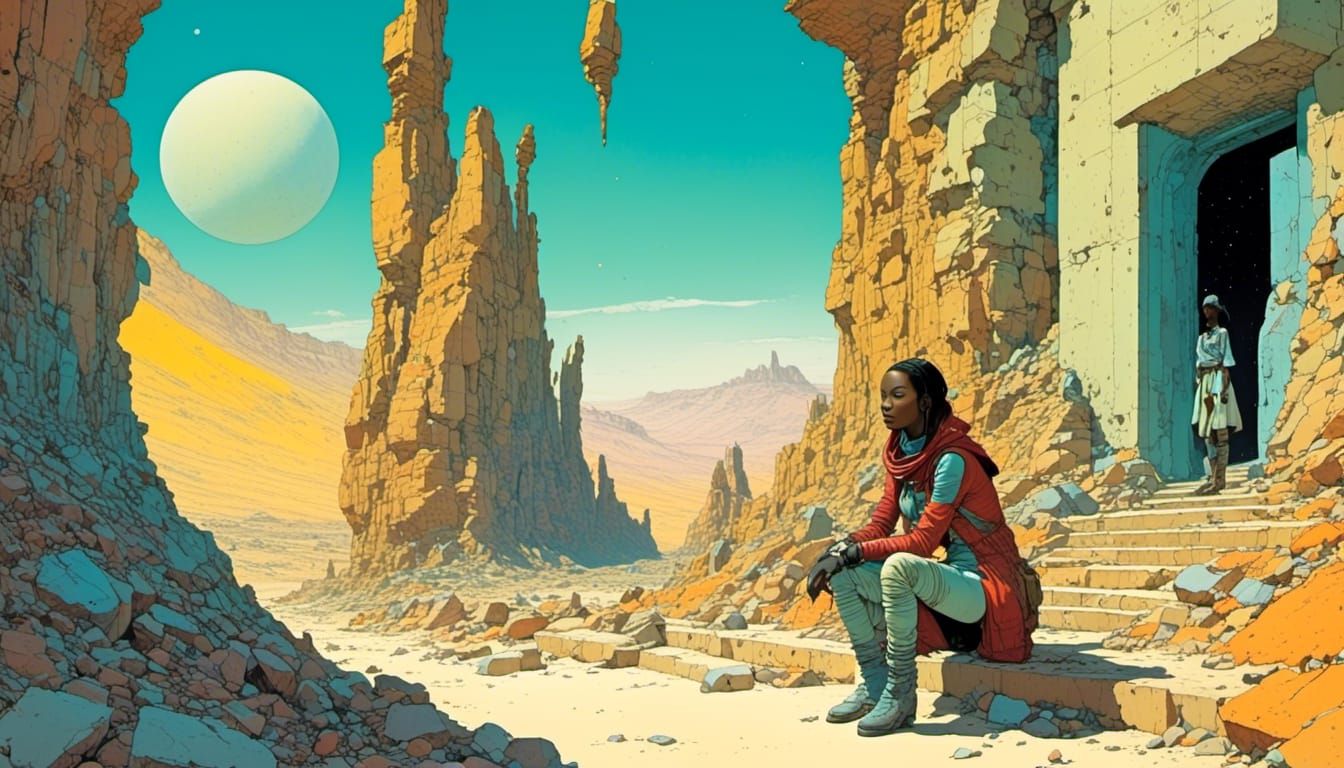 Desert Valley Girl on Veranda, Ethereal Moebius Style