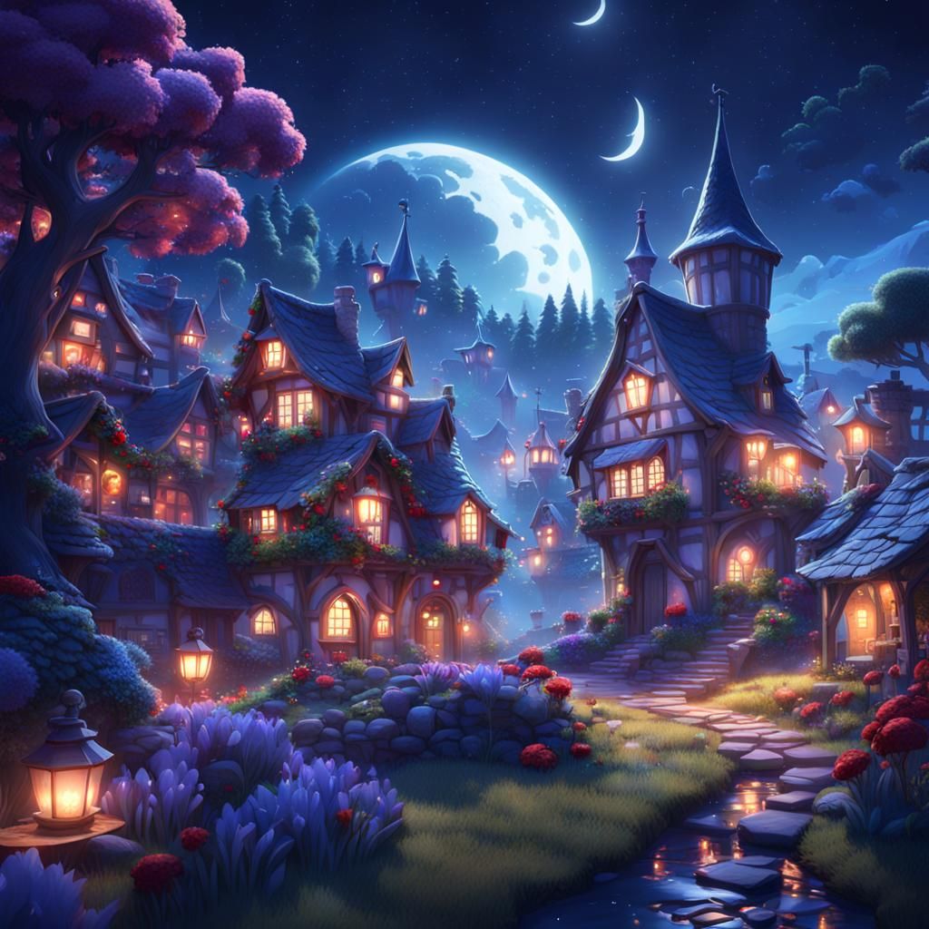 Fairytale Village Under a Tenebrous Night Sky