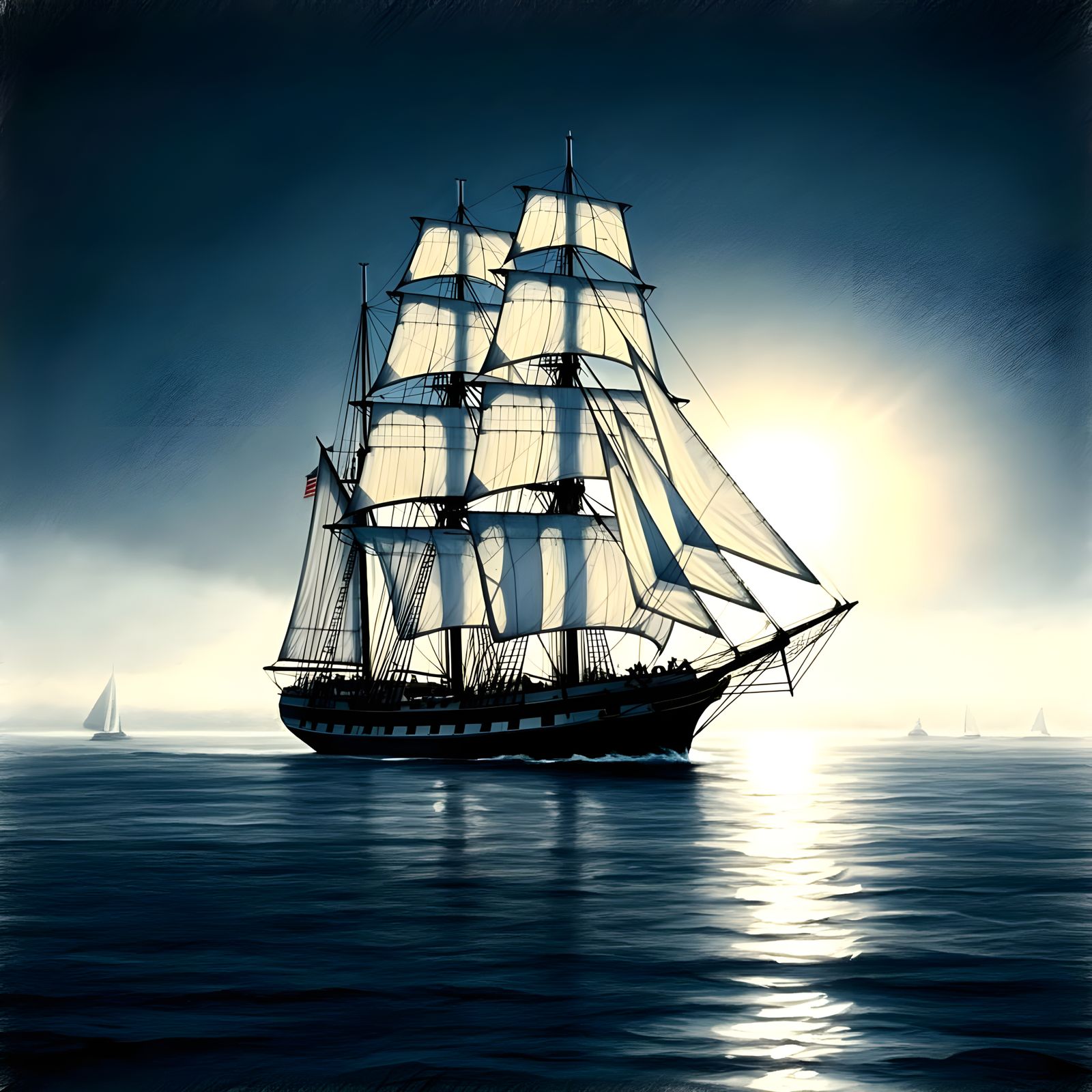 Sailing Vessel at Dawn in Charcoal Style