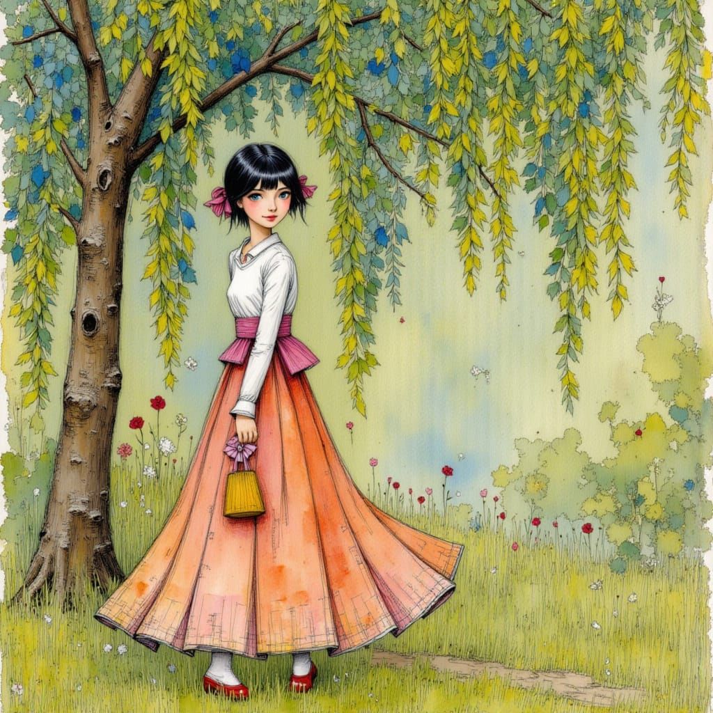 Lady Under Willow Tree in Diazotype Style