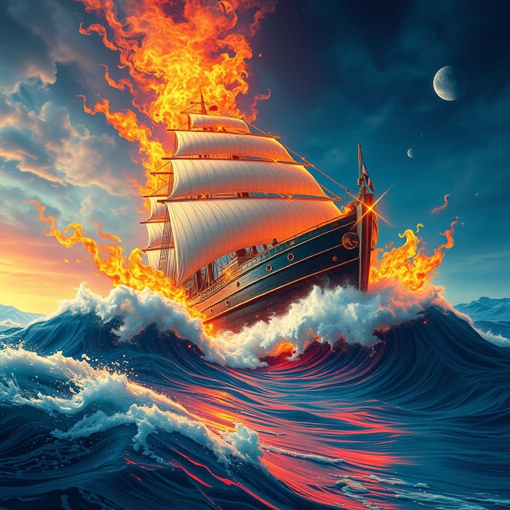 Surreal Ship Sails on Waves of Fire