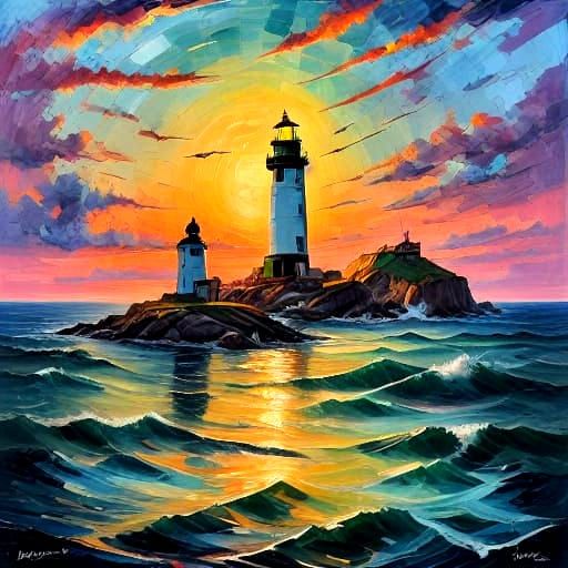 Lighthouse Guiding Ship Through Storm as Impasto Painting