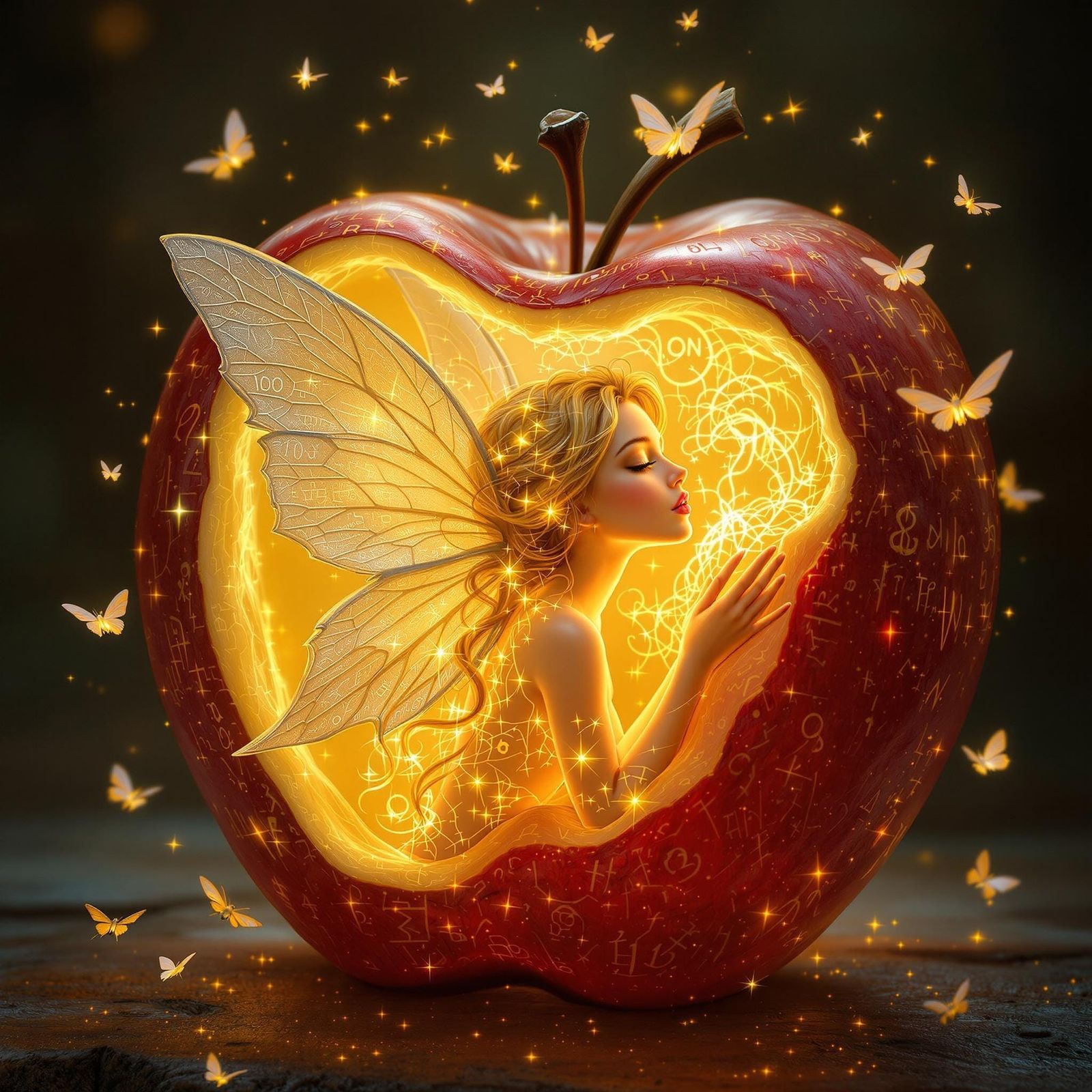 Fairy Carved into a Glowing Apple in Whimsical Art