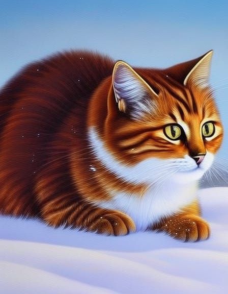 Cute Cat in Snow, Oil Painting Style