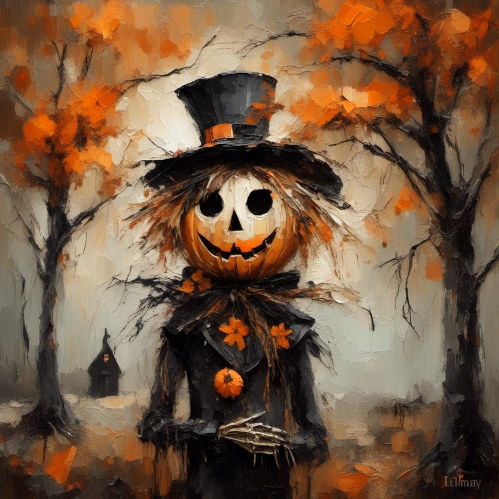 Moody Halloween Scarecrow in Storybook Style