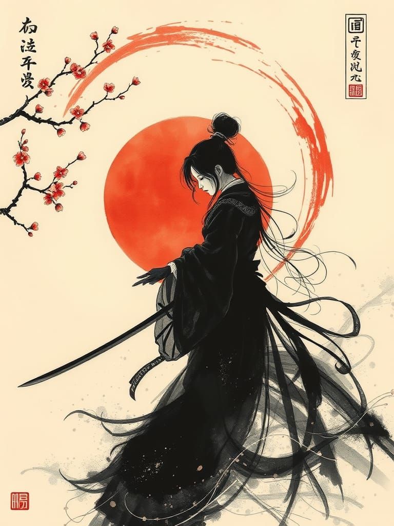 Lonely Swordmaster in Sumi-e Drawing with Red Sun