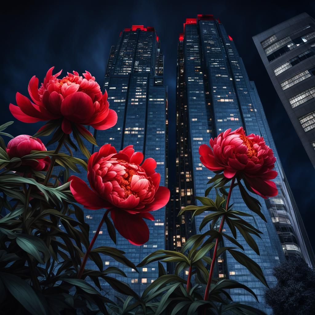 Red Peonies Bloom Over Dark Skyscraper at Night
