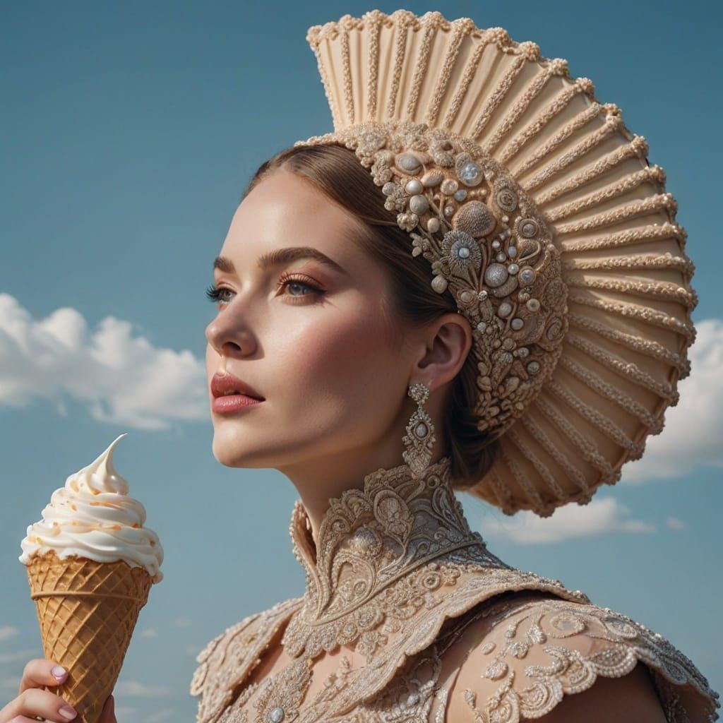 Elegant Woman Adorned with Upside Down Ice Cream