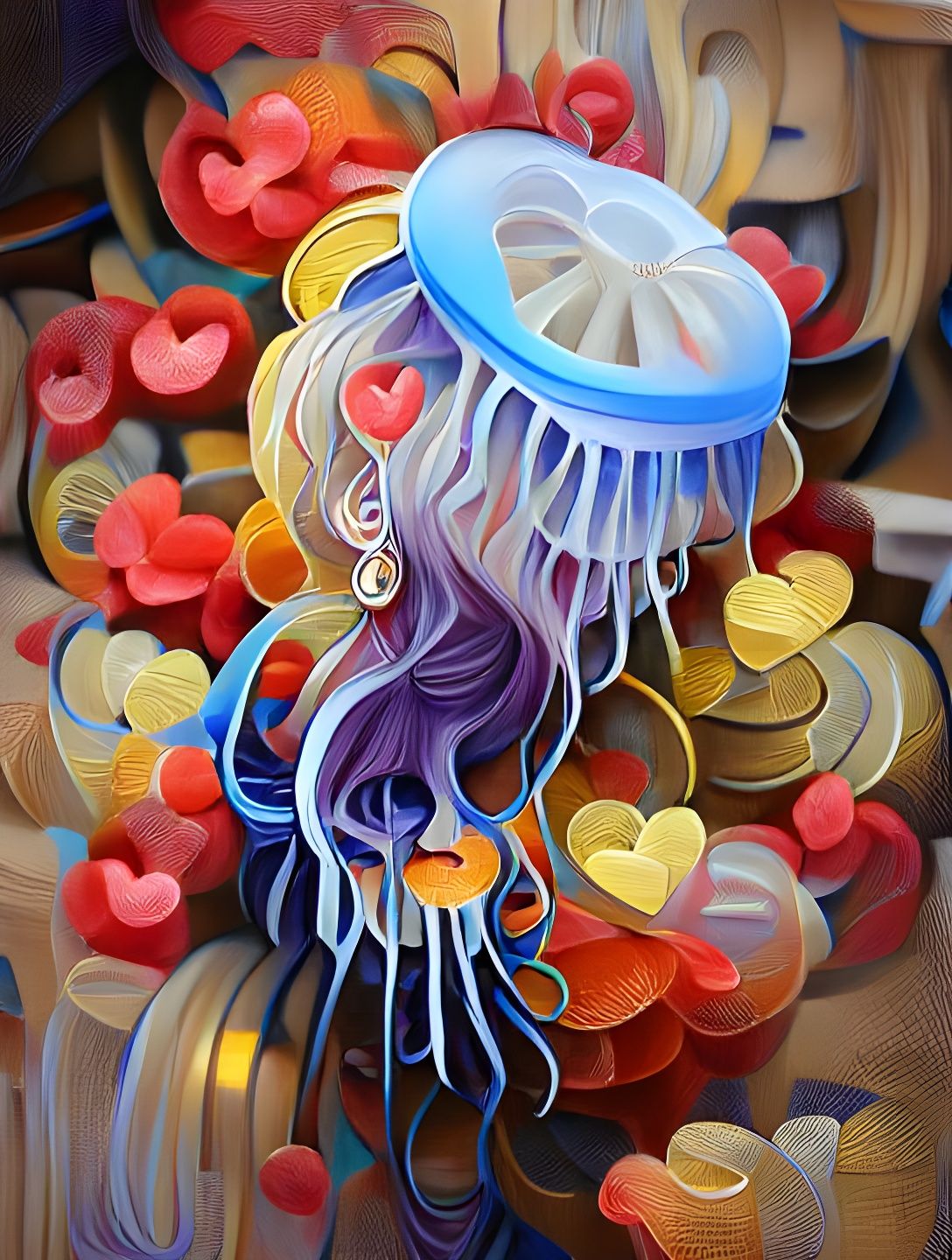 Romantic Jellyfish Portrait in Colorful Oil Canvas