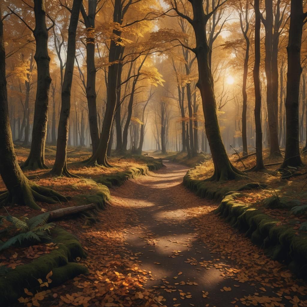 Autumn Forest Path Digital Matte Painting