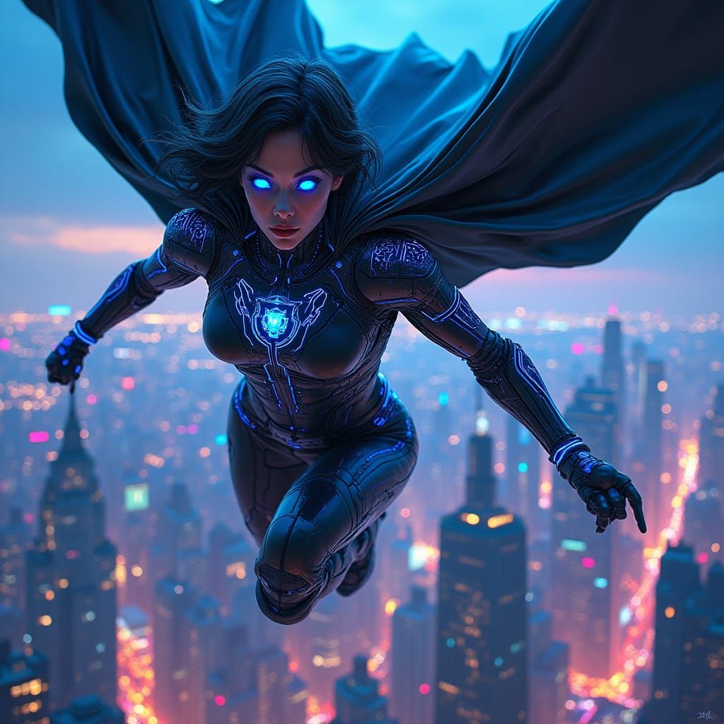 Cyberpunk Heroine Soars Above Cityscape in Gritty, High-Cont...