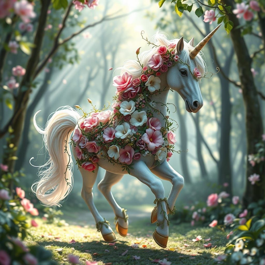 Floral Unicorn Wanders Through Enchanted Forest