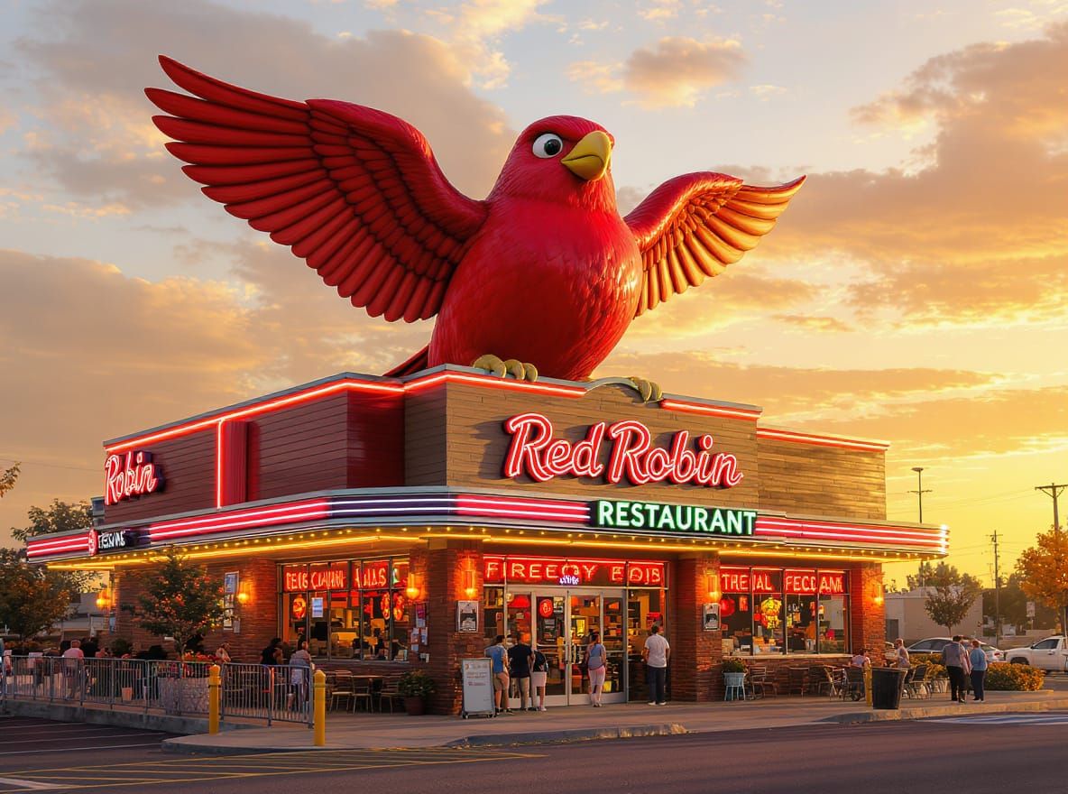 Stylized Red Robin Restaurant with Mascot Statue
