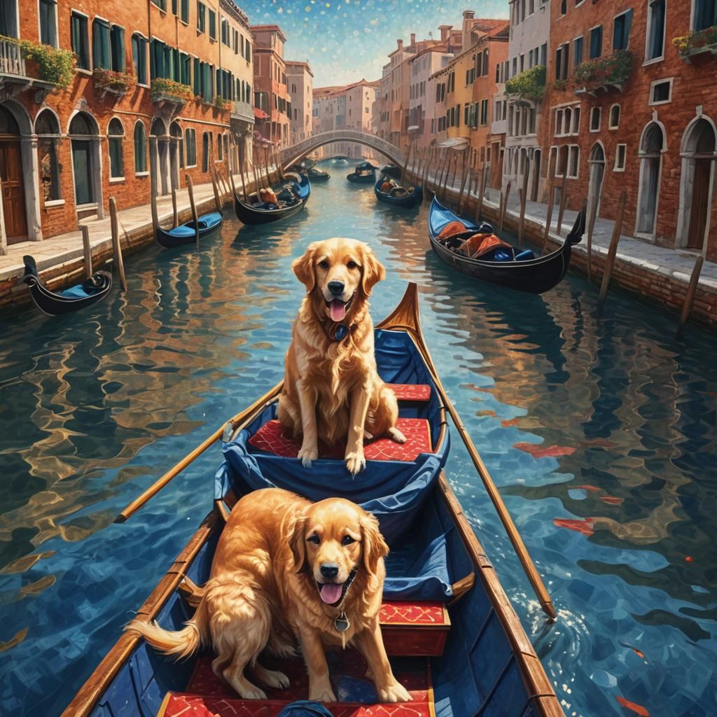 Golden Retriever in Venice: A Pointillism Painting