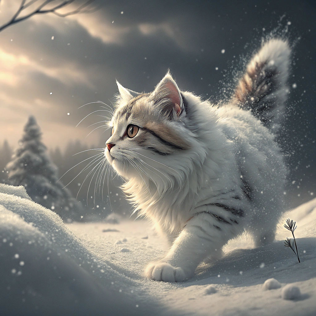 Hyperrealistic Persian Cat Plays in the Snow