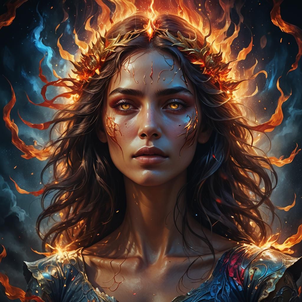 Ethereal Woman Emerges from Moon in Flames