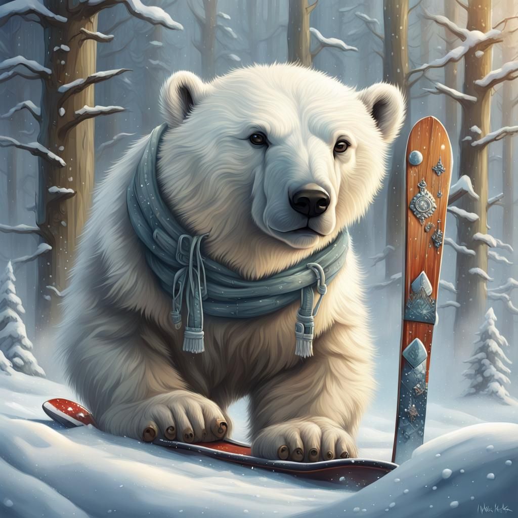 Polar Bear on Skis: Cute Digital Winter Art