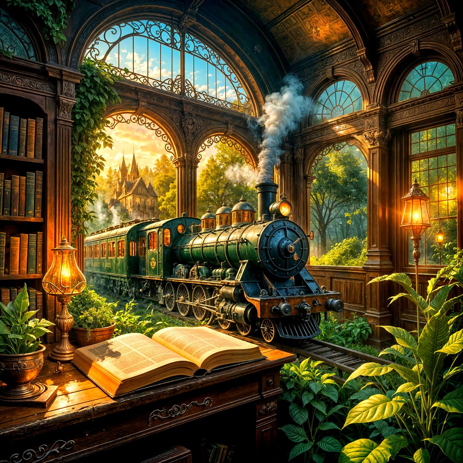 Steam Train Emerging From Open Book in Library