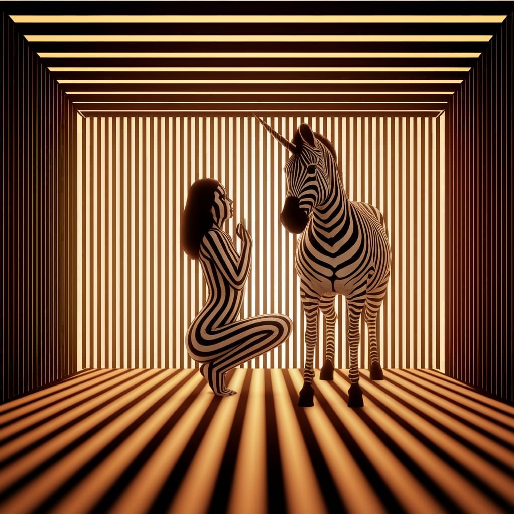 Surreal Scene of Woman and Zebra Unicorn in Striped Harmony