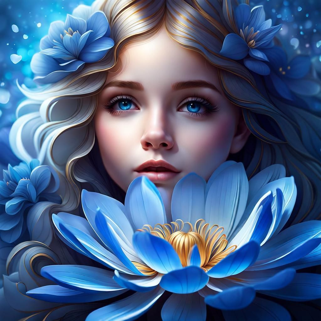 Magical Blue Flower Portrait with Baby in Digital Art