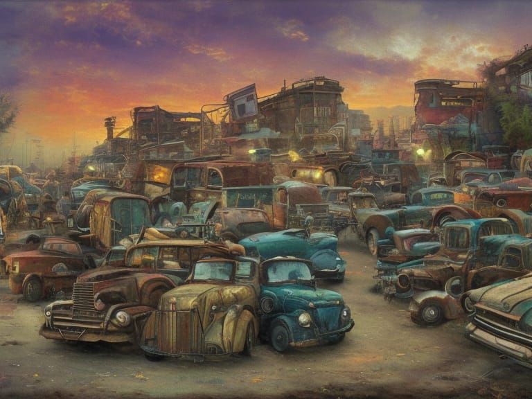 Antique Car Junkyard: Surreal Post-Apocalyptic Watercolor