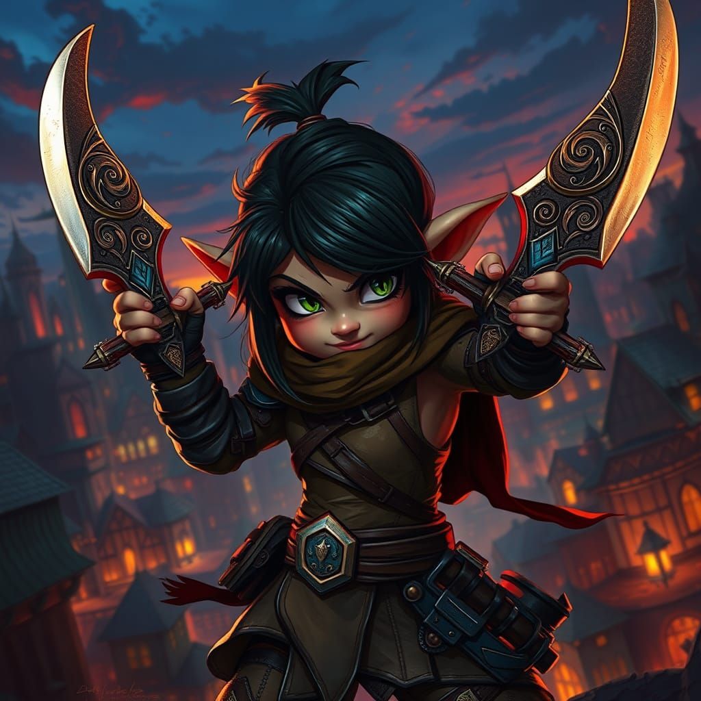 Halfling Rogue in Fantasy Cityscape, Digital Art