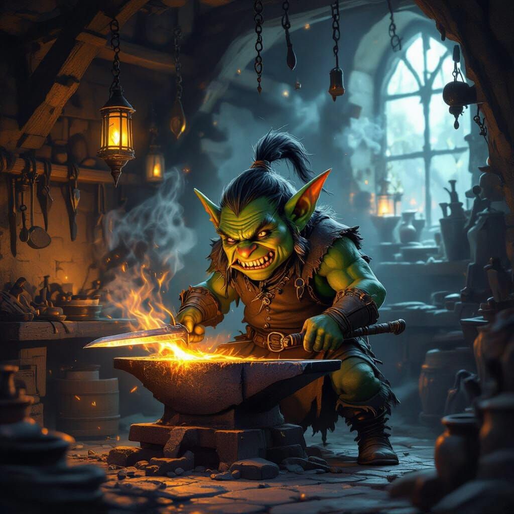 Goblin Blacksmith Forging Sword in Ethereal Workshop