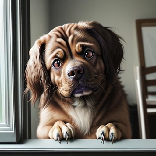 Angry Dog with Spider on Windowsill, Digital Art